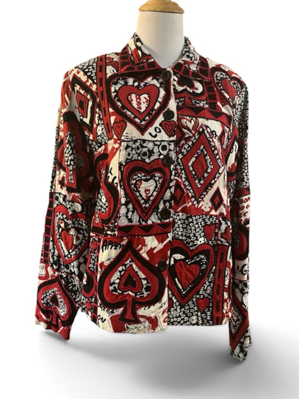 VTG SANDY STARKMAN PLAYING CARD SUITE GRAPHIC PRINT SHACKET RED BLK SIZE SMALL